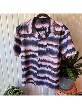 Zaful NWT Tie Dye Camp Shirt Men L Purple Brown Short Sleeve Button Up Casual